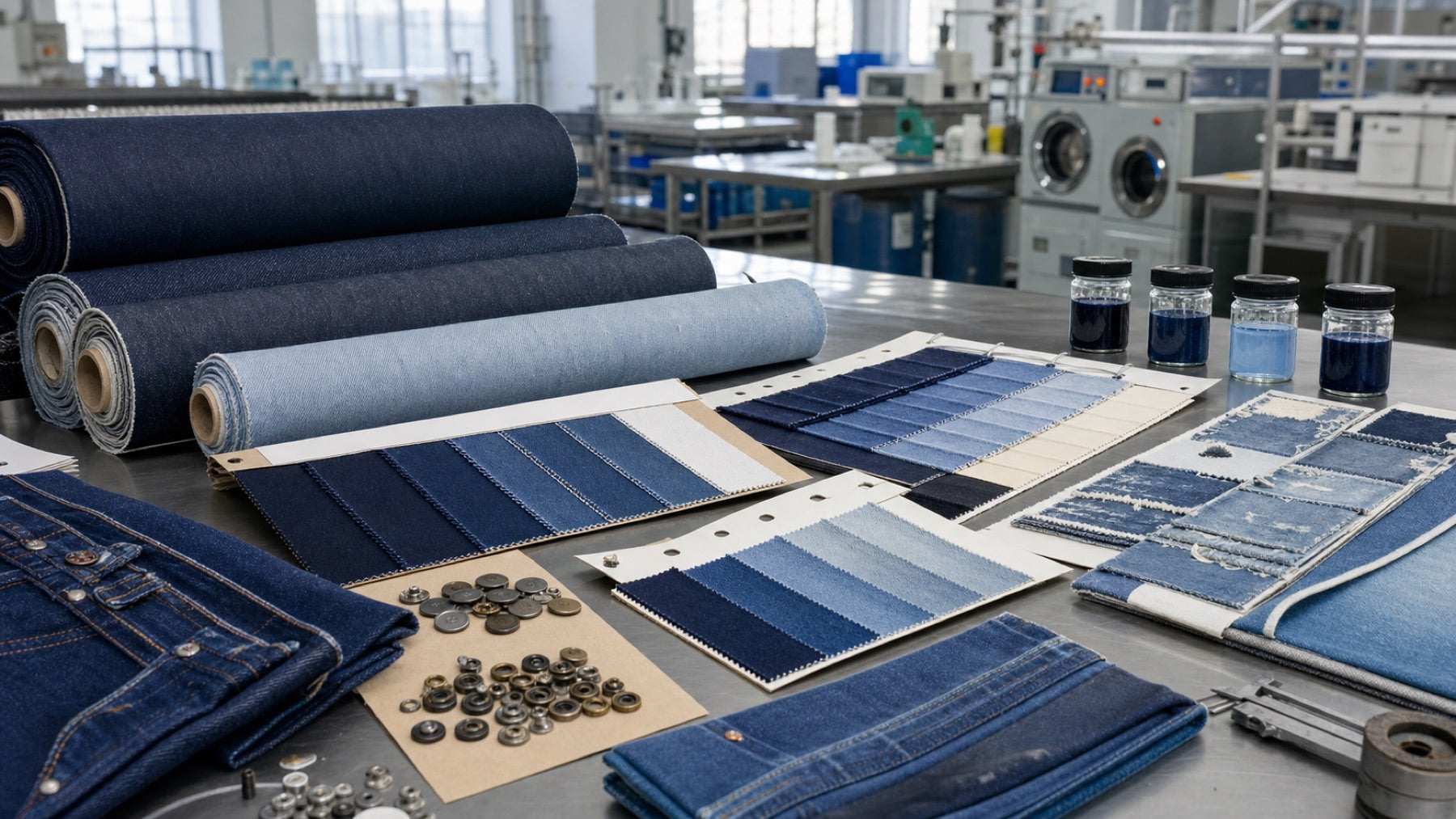 Denim fabric rolls swatches and wash lab samples