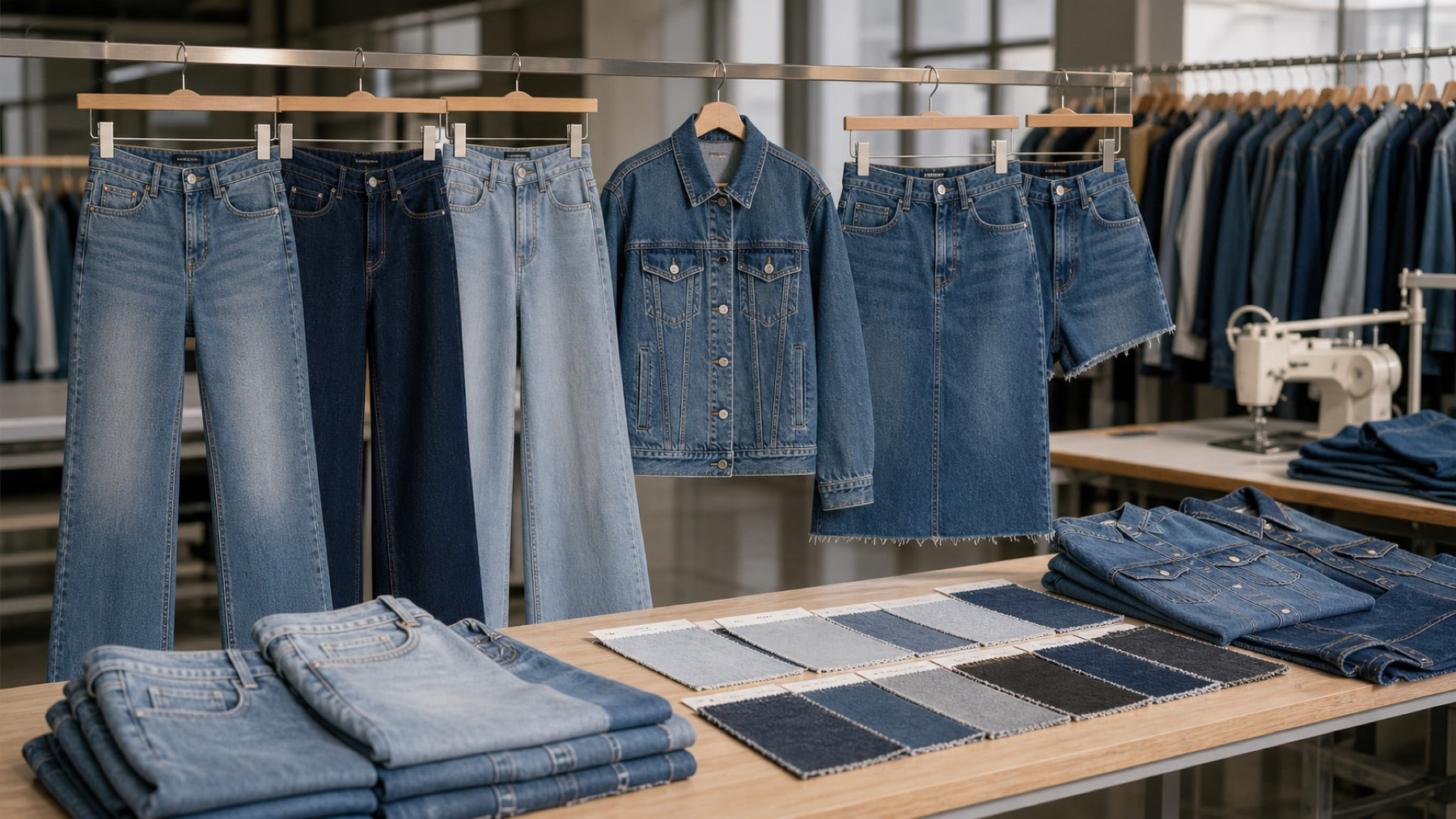 Women's denim collection samples in sample room