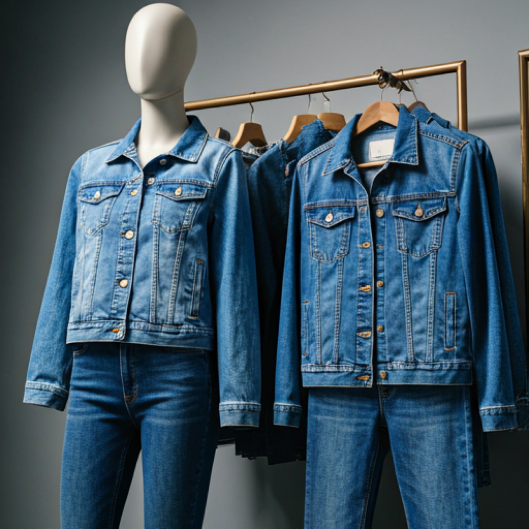 A stylish, editorial fashion photograph of modern women's denim jackets and jeans displayed in a minimalist boutique setting. The lighting is bright and airy wi