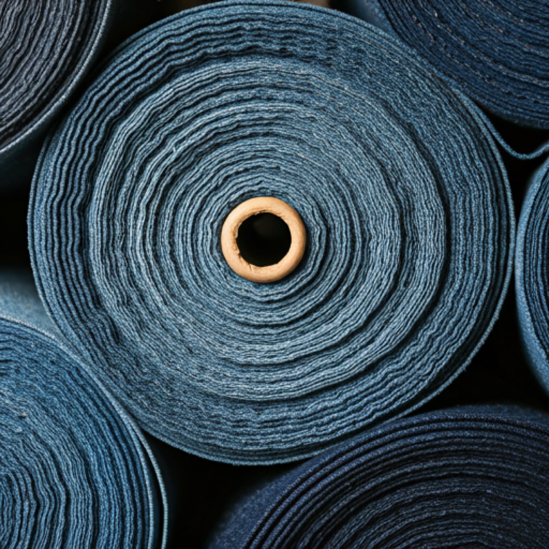 A technical close-up of various denim fabric rolls in a factory laboratory, showcasing different washes from deep indigo to bleached light blue. The setting is 